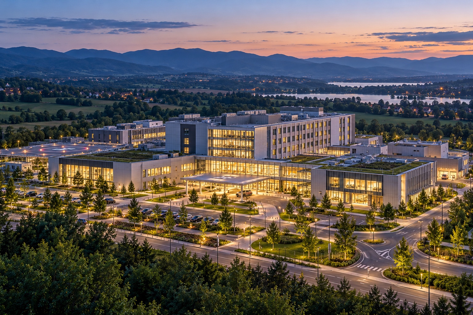 Modern hospital and diagnostic complex at dusk